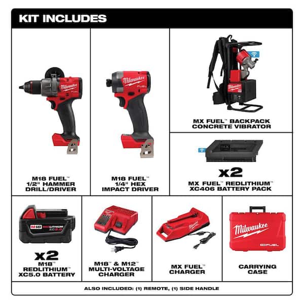 Milwaukee MX FUEL Lithium-Ion Cordless Concrete Vibrator Kit with M18 FUEL Hammer Drill/Impact Driver Combo Kit