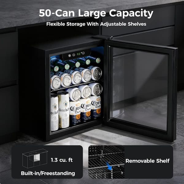 17 in. Single Zone 50-Cans Freestanding/Countertop Beverage Refrigerator Cooler Fridge in Black, Reversible Door