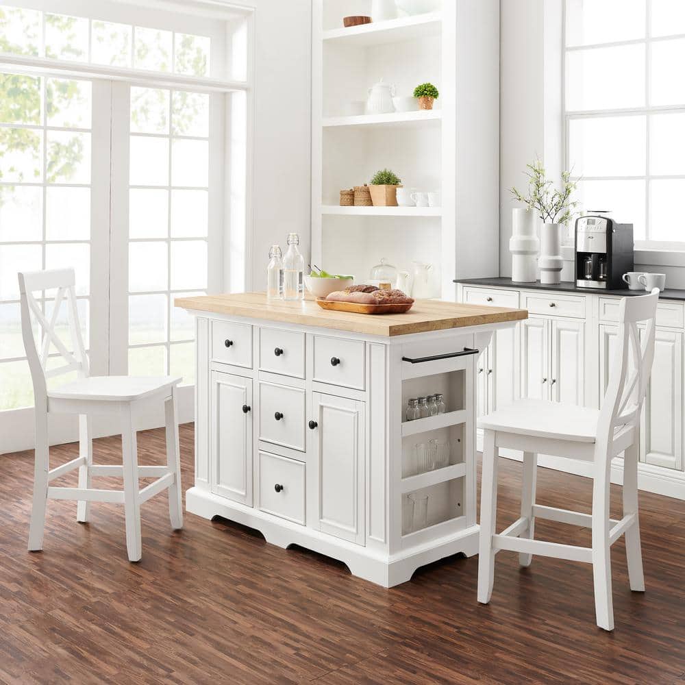 Julia 50'' White Kitchen Island Set with 2 X-Back Stools