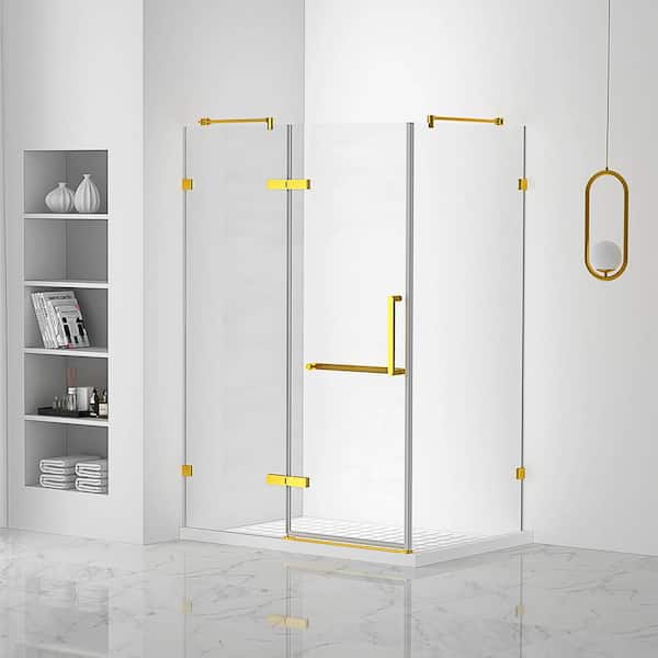 FINE FIXTURES 32 in. W x 74.25 in. H Fixed Frameless Corner Shower Enclosure in Satin Brass