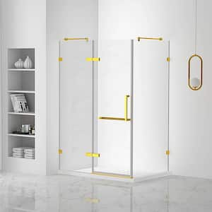 42 in. W x 74.25 in. H Fixed Frameless Corner Shower Enclosure in Satin Brass