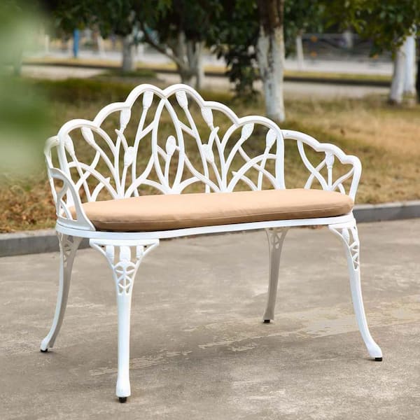 Unbranded White Patio Garden Bench Cast Aluminum Outdoor Bench with Floral Rose, Park Bench with Brown Cushion for Patio, Park