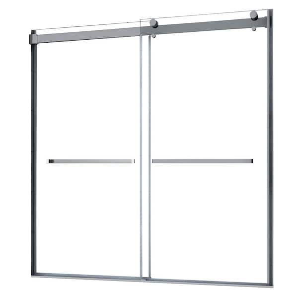 CRAFT + MAIN Lagoon 59 in. W x 76 in. H Sliding Semi-Frameless Shower Door in Brushed Nickel with Clear Glass