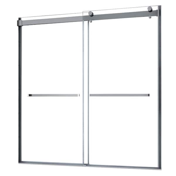 CRAFT + MAIN Lagoon 59 in. W x 63 in. H Sliding Semi-Frameless Bathtub Door in Brushed Nickel with Clear Glass and Horizontal Handles