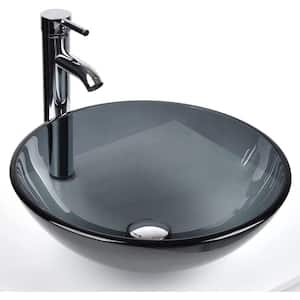 Bathroom Round Glass Vessel Sink with Faucet in Gray