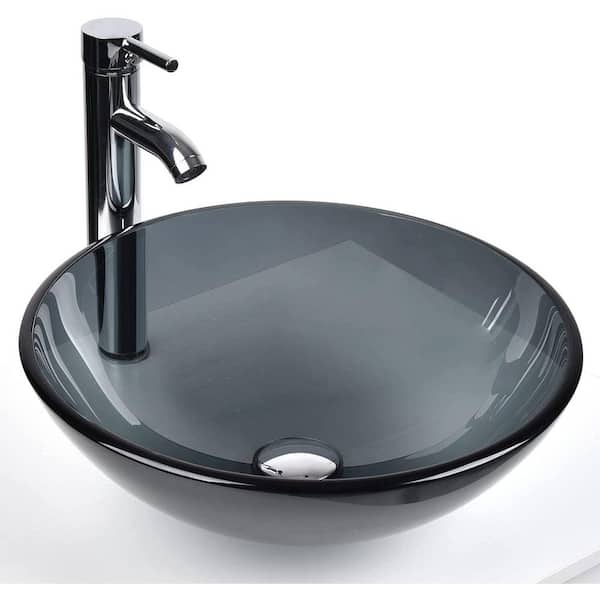 Bathroom Round Glass Vessel Sink with Faucet in Gray