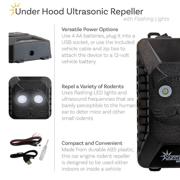 Rodent Repellent For Car Engines, Ultrasonic Rodent Repeller Under Hood Animal Repellent Battery Powered With Led Strobe Light Mouse Blocker For Car