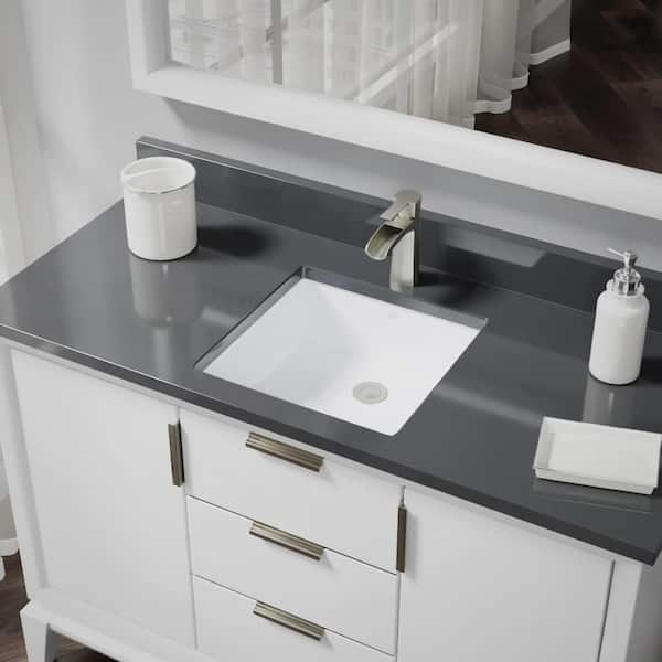 Rene Undermount Porcelain Bathroom Sink in White with Pop-Up Drain in Brushed Nickel