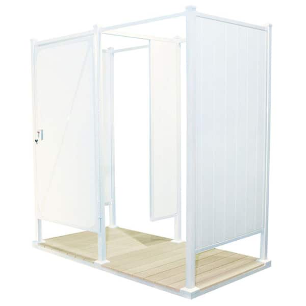 ToddPod 46 in. x 88 in. x 87 in. 3-Sided Double Unit with White Half Walls and Beige Decking Kit