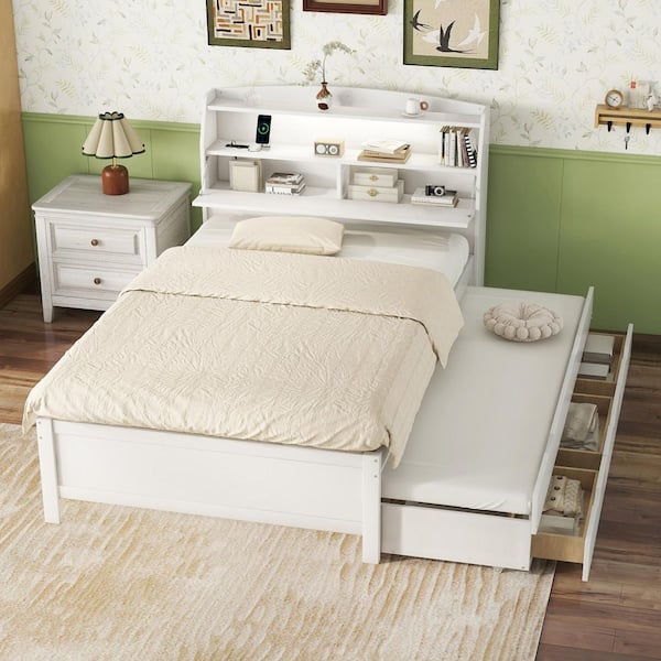 Atlas White Wood Frame Full Size Platform Bed with Storage Headboard, LED Lighting, USB Port, Trundle, Drawers