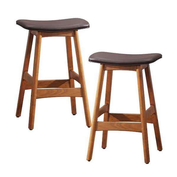 EVERGLADE HOME Lillie 25.5 in. Walnut Backless Wood Frame Bar Stool with Matt Brown Faux Leather Seat (Set of 2)