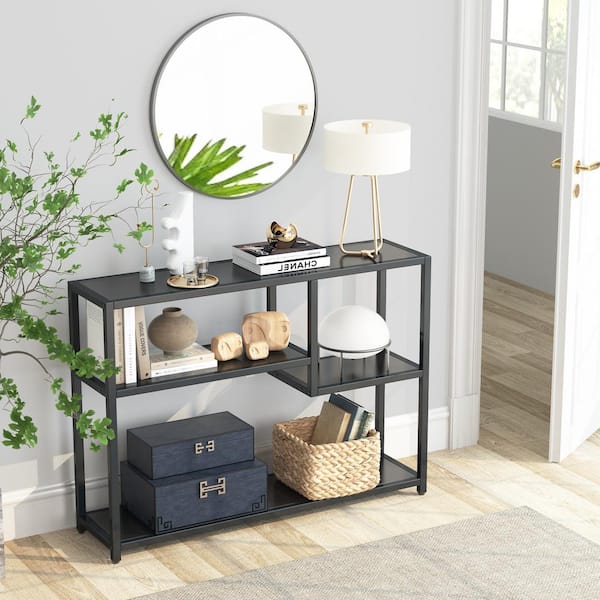 BYBLIGHT Turrella 43.3 in. Black Rectangle Wood Console Table, Small Black Entryway Table with 4-Storage Shelves
