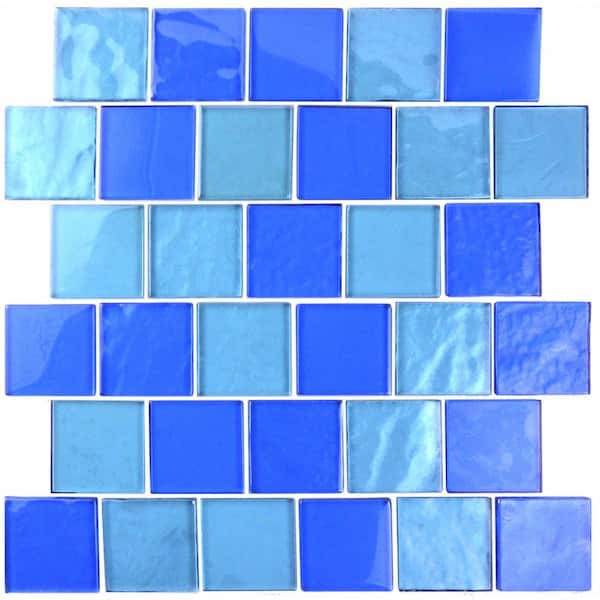 Landscape Horizon Blue Square Mosaic 3 in. x 3 in. Textured Glossy Glass Decorative Pool Tile Sample