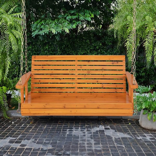 2-Person Wood Outdoor Patio Swing Patio Porch Hanging Bench Chair for Garden Backyard Orange