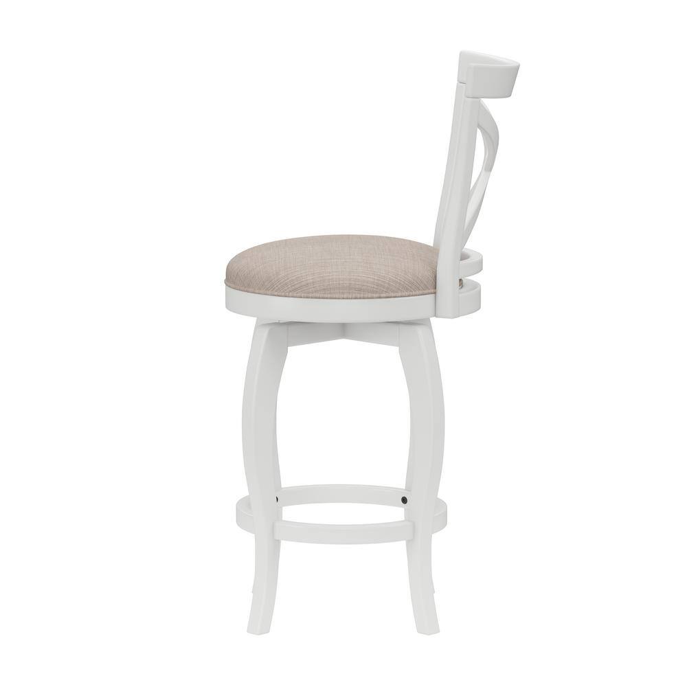 White Wood Swivel Counter Stool with Beige Fabric