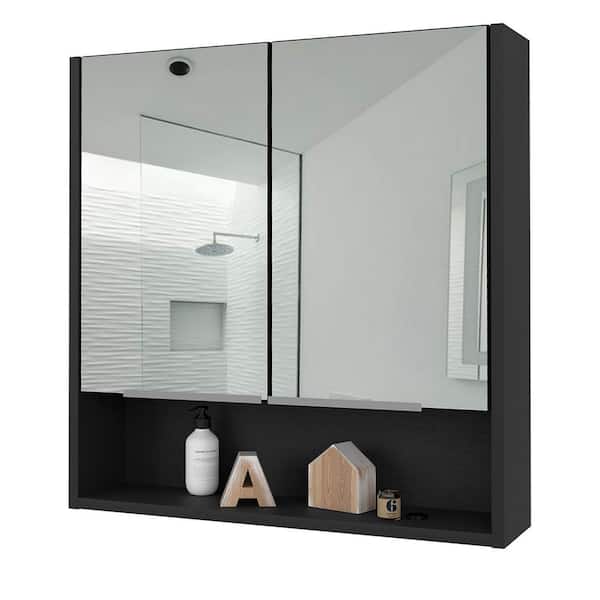 Aoibox 23.6 in. W x 24.6 in. H Rectangular Wood Medicine Cabinet with Mirror, 3 Internal Shelves in Black Wengue