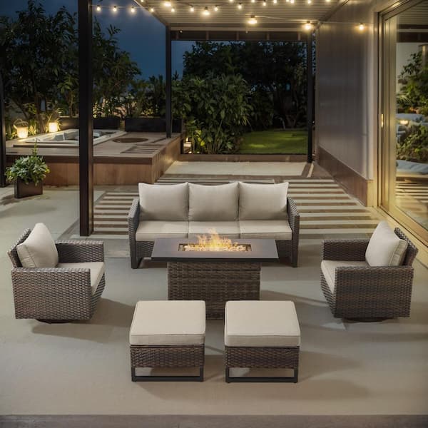 U-Weave 6-Piece Brown Wicker Outdoor Rectangular Fire Pit Conversation Set with Beige Cushions and Swivel Rocking Chairs