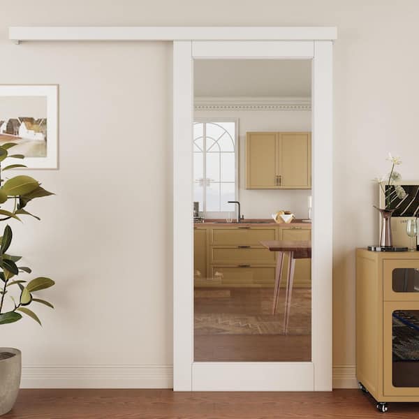 36 in. x 80 in. Hidden Track Style 1-Lite Clear Glass White Primed MDF Sliding Barn Door with Hardware Kit