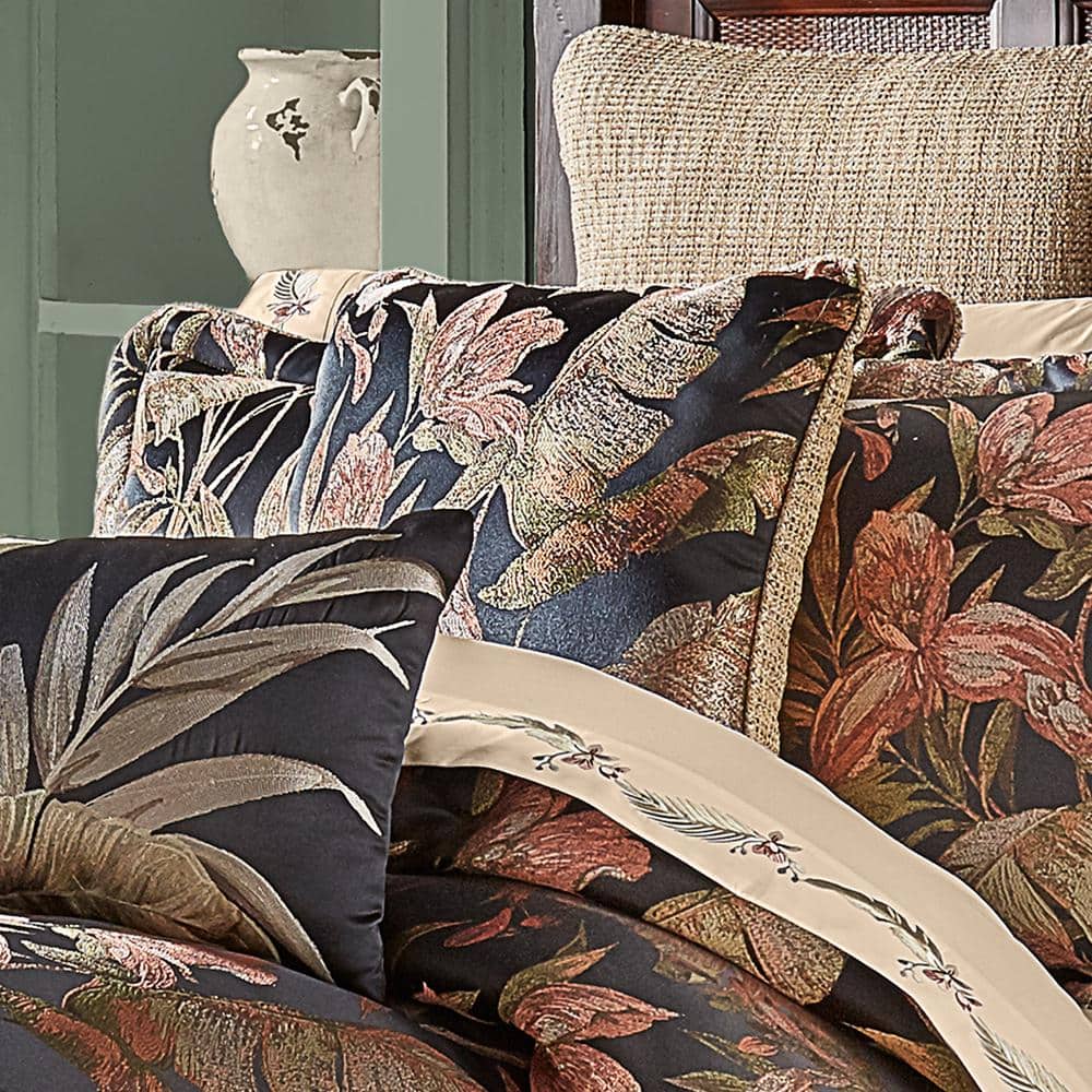 Martinique Black and Coral Tropical Square Throw Pillow