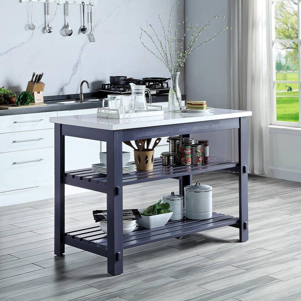 Gray Wooden Kitchen Island with Marble Top and Shelves