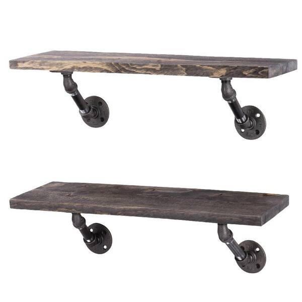 PIPE DECOR 24 in. x 7.5 in. x 6.75 in. Boulder Black Restore Wood Decorative Wall Shelf with Industrial Steel Pipe Brackets