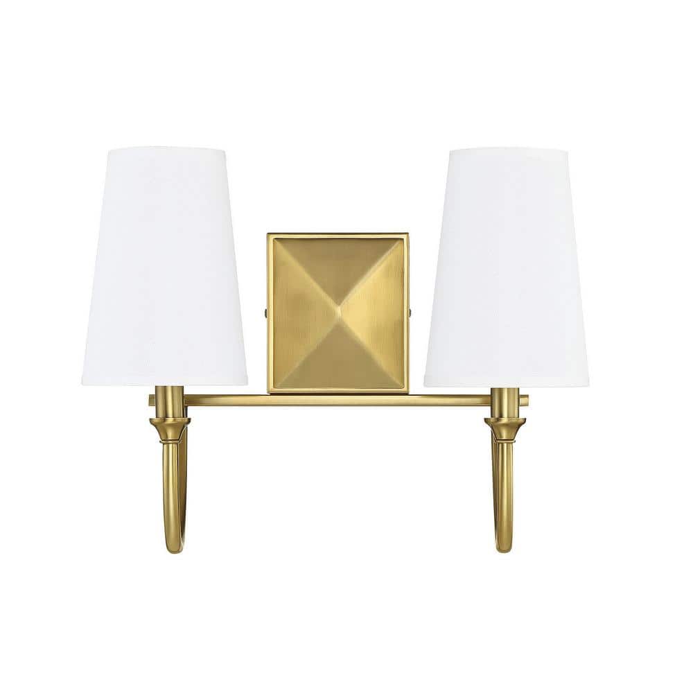 Warm Brass 12" Tall Curved Arm Vanity Light with White Fabric Shades