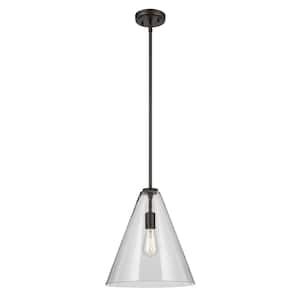 Everly 14.25 in. 1-Light Olde Bronze Modern Shaded Cone Kitchen Hanging Pendant Light with Clear Glass