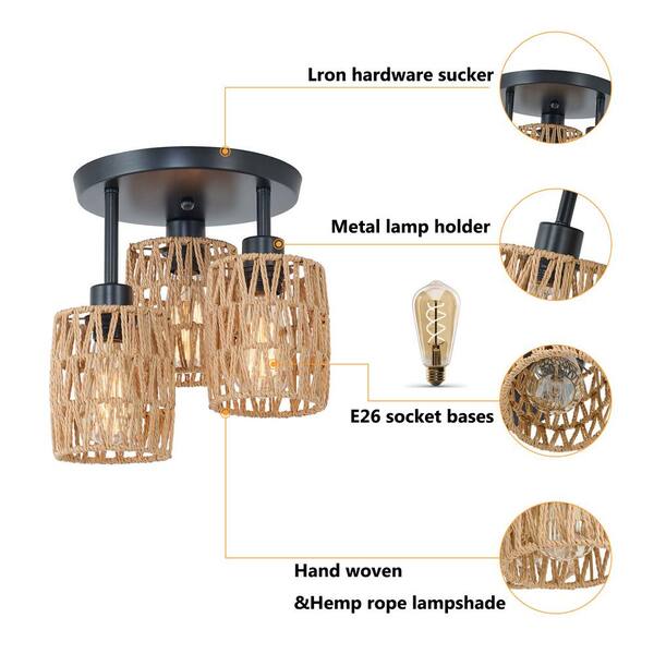 OUKANING 11.81 in. 3-Light Black and Brown Farmhouse Rattan OUKANING 11.81 in. 3-Light Black and Brown Farmhouse Rattan