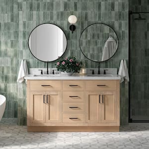 Hepburn 61 in. W x 22 in. D x 36 in. H Double Freestanding Bath Vanity in Oak with Carrara White Marble Top