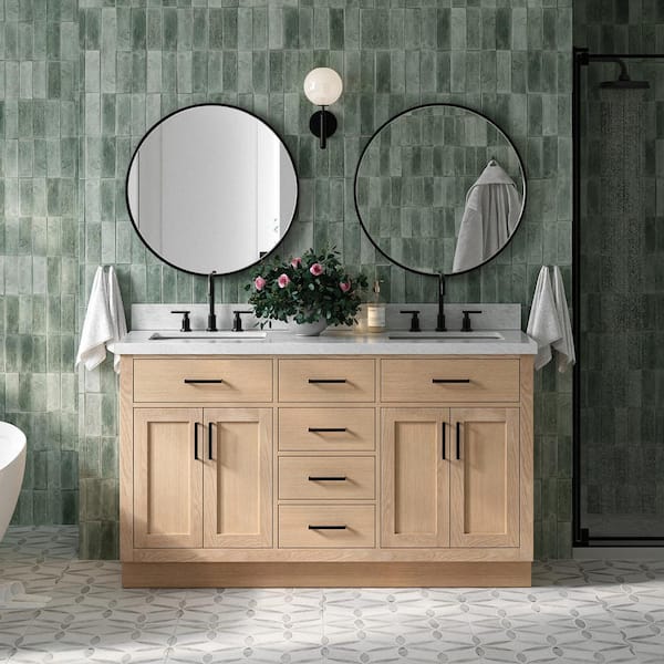 ARIEL Hepburn 61 in. W x 22 in. D x 36 in. H Double Freestanding Bath Vanity in Oak with Carrara White Marble Top