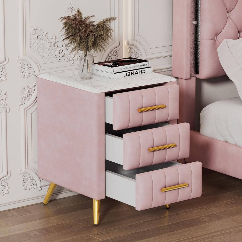 Pink Wooden 3-Drawer 16.3 in. W Velvet Upholstered Nightstand with Marbling Worktop, Metal Legs and Handles