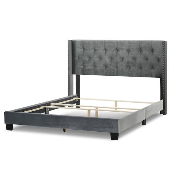 Glamour Home Asali Silver Grey Velvet Queen Bed with Button Tufting and Nail Headed Wings