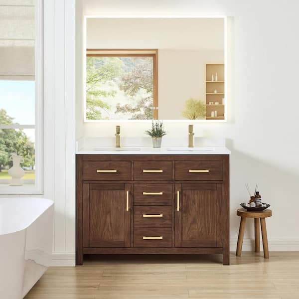 Beckett 48 in. Double Freestanding Dark Walnut Bath Vanity with White Cultured Marble Top