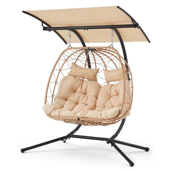 Unbranded Hanging Double Egg Metal Chair with Optional Canopy, includes Egg Chair Pillow, Capacity for Patio Bedroom Balcony,Beige