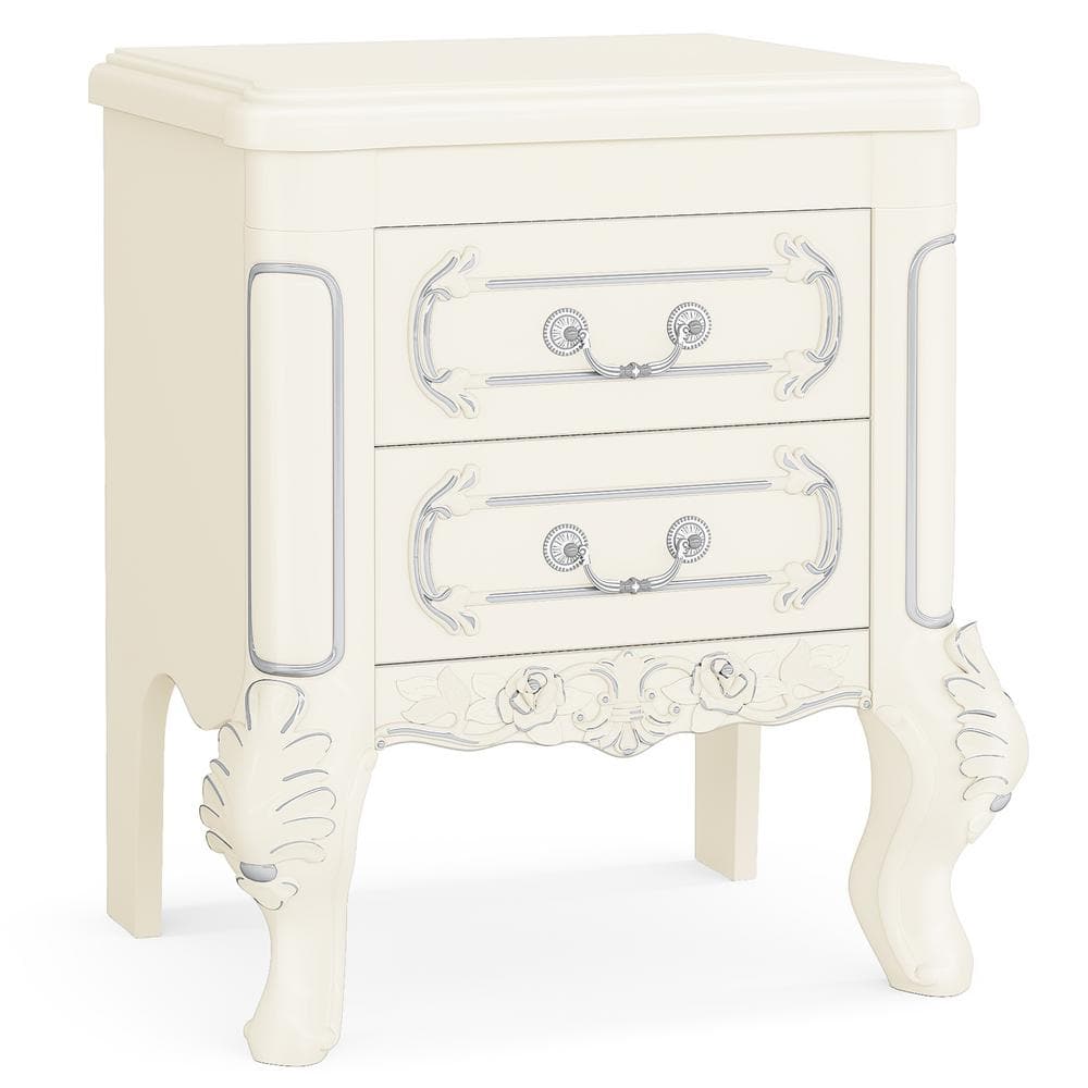 Cream White Carved Wood Nightstand with Silver Accents and 2 Drawers