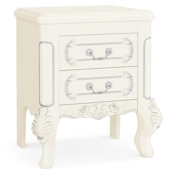 White 2 Drawers 20.08 in. W Nightstand, End Table Carved Bedside Tables for Bedroom, Living Room