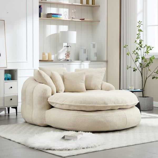 Modern Beige Chenille Oversized Oval Upholstered Bean Bag Sofa with 5 Pillows