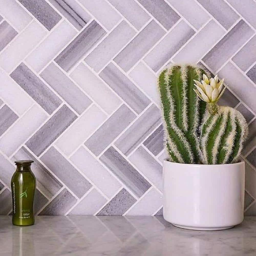 Gray Herringbone Polished Marble Mosaic Tile 12.8 x 11.9 in