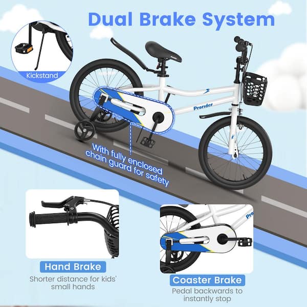 18 in. Kid's Bike with Removable Training Wheels and Basket for 4-Years to 8-Years Old Boys Girls White