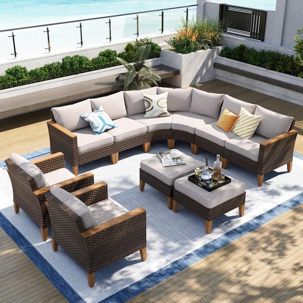 PHI VILLA Brown Rattan Wicker 10 Seat 10-Piece Steel Patio Outdoor Sectional Set with Beige Cushions