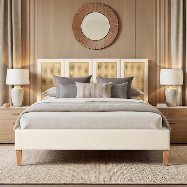 Toscana Queen Upholstered Cane Back Platform Bed in Antique White Polyester