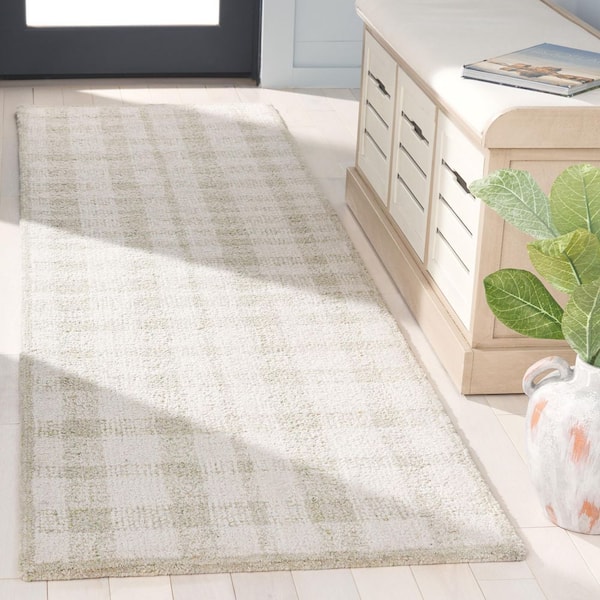 Abstract 2 ft. x 8 ft. Ivory/Sage Border Plaid Runner Rug