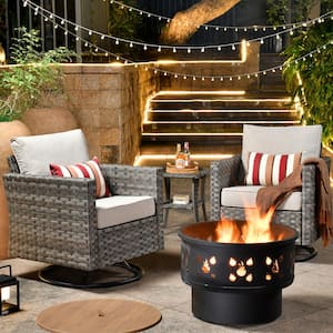 Hanes Gray 4-Piece Wicker Patio Fire Pit Swivel Seating Set with CushionGuard Beige Cushions