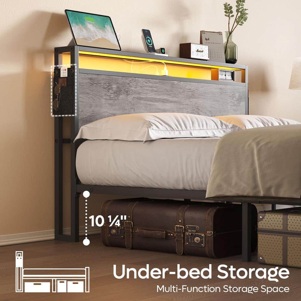 Bestier Queen Size Metal Frame Bed with LED Headboard and Storage