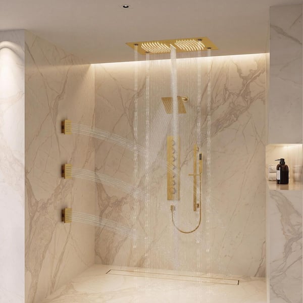 6-Spray Ceiling Mount 28 x 16 in. LED Mood Lighting Music Dual Shower Head and Handheld Shower Head in Brushed Gold