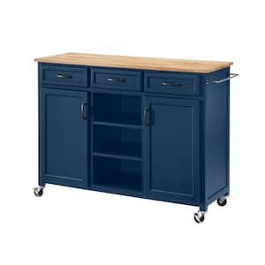 Midnight Blue Rolling Kitchen Cart with Butcher Block Top and Storage (48" W)