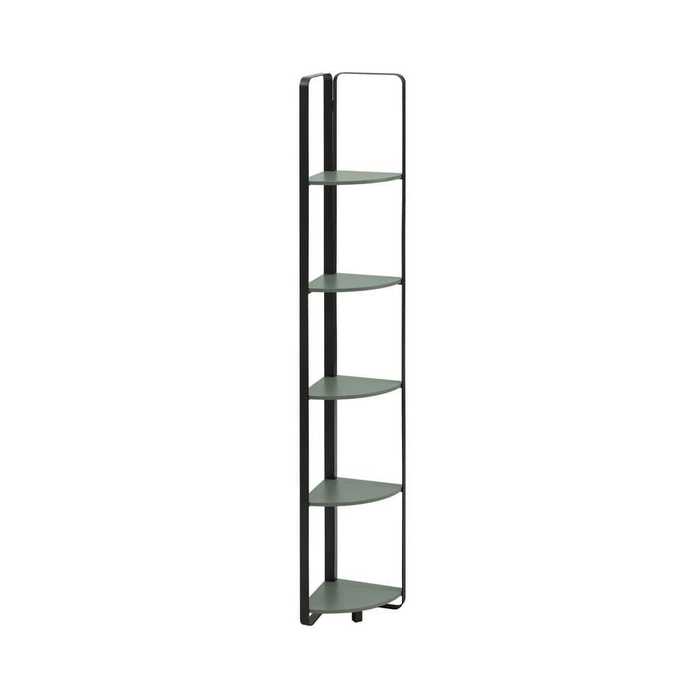Naija Sage Green 71" Minimalist Corner Bookcase with Black Metal Frame
