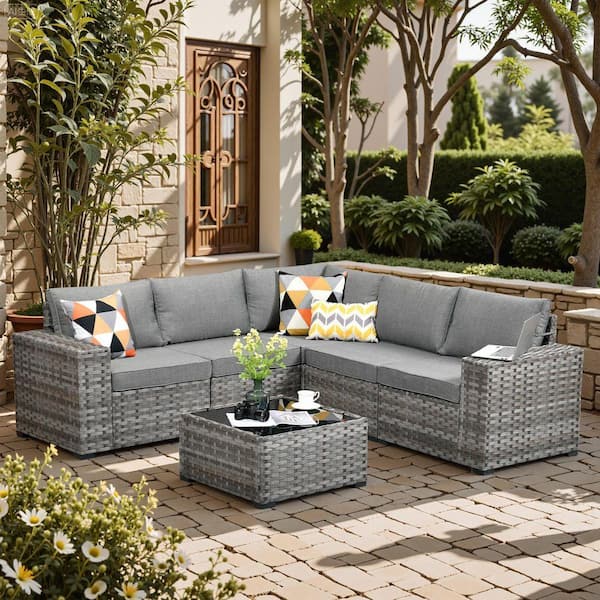 Baldwin Gray 6-Piece Wicker Wide Arm Outdoor Patio Conversation Sofa Sectional Seating Set with Dark Gray Cushions