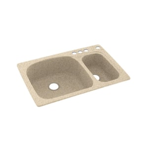 Dual-Mount Solid Surface 33 in. x 22 in. 4-Hole 70/30 Double Bowl Kitchen Sink in Bermuda Sand