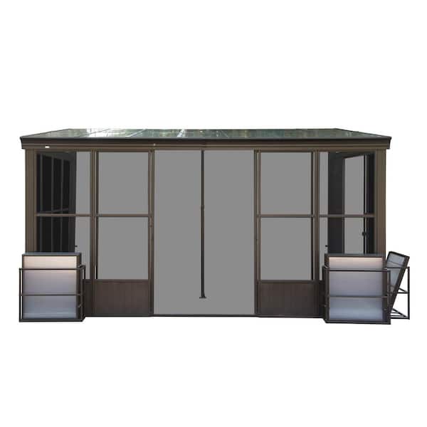 Misopily 10 ft. x 14 ft. Dark Brown Outdoor Gazebo Permanent Wall Mounted with Detachable Windows and 2-Lockable Sliding Doors